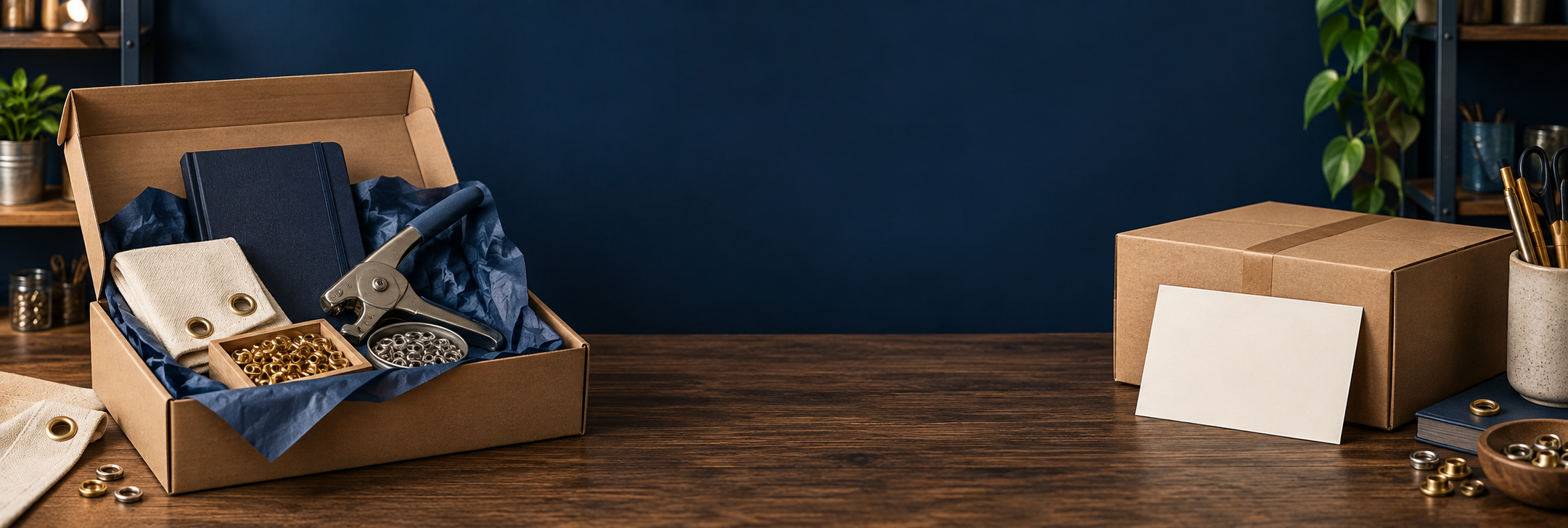 Geöffnetes Willkommenspaket mit Ösen, Ösenzange und Büroartikeln neben einem versandfertigen Paket