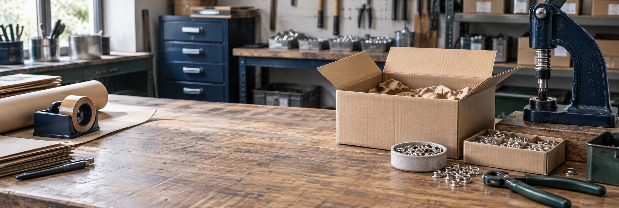 Packtisch mit Versandkarton, Ösen, Verpackungsmaterial und Ösenpresse
