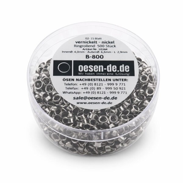 Ösen B-800 Bates vernickelt 2–15 Blatt 500 Stück ringrollend