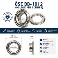Öse BB-1012 (Double-Öse mit Scheibe) Rostfrei Messing vernickelt 100 Stück. 10 mm – weitere Produktdarstellung