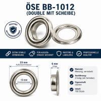 Öse BB-1012 (Double-Öse mit Scheibe) Rostfrei Messing vernickelt 100 Stück. 12 mm – zusätzliche Produktdarstellung